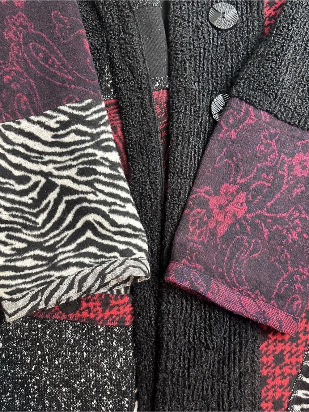 Ali Miles Patchwork Jacket Red Black Mixed Media Artsy Wool Blend - Picture 10 of 15